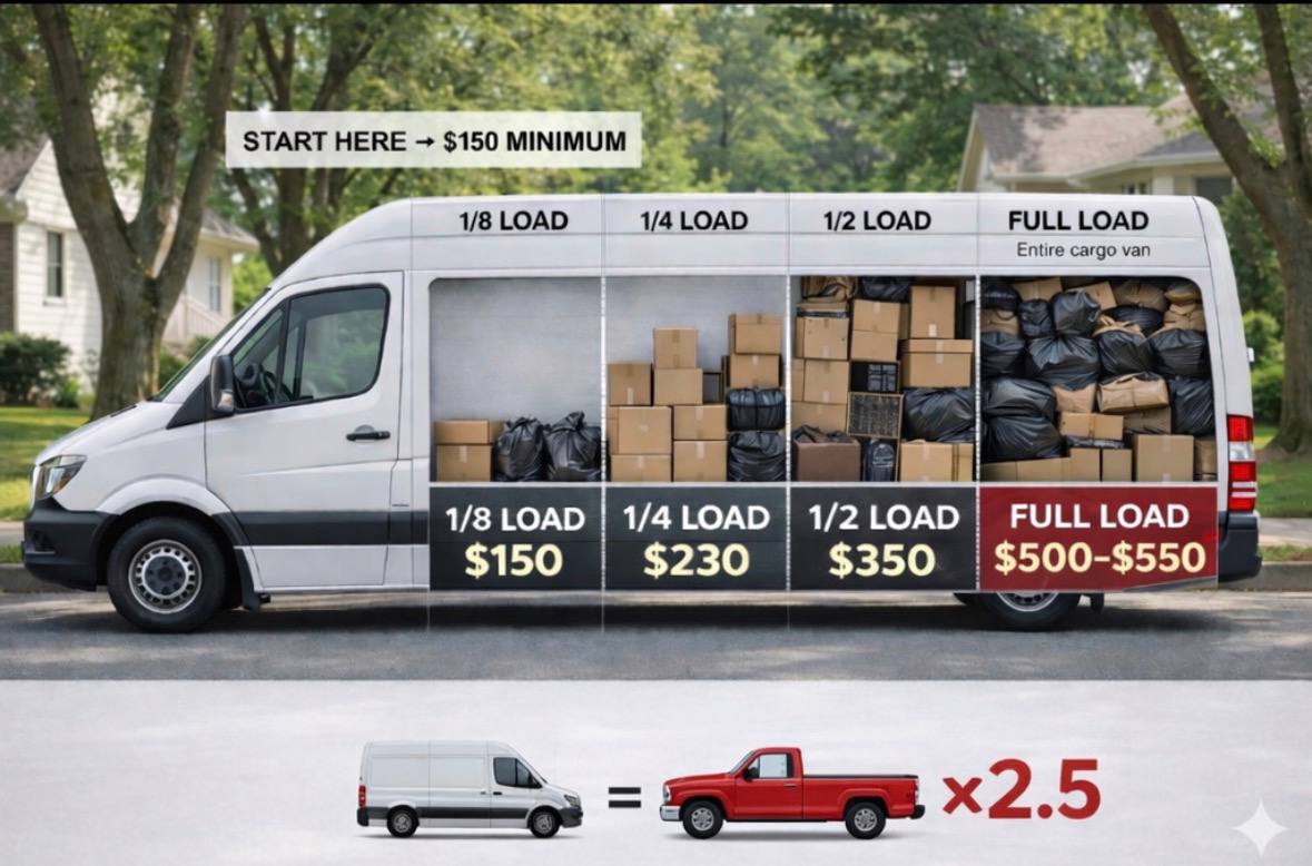 Hoverla junk removal truck - volume-based pricing visualization showing 1/8, 1/4, 1/2, and full truck loads with pricing
