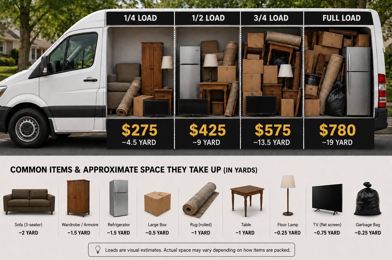 Hoverla junk removal pricing: 1/4 load from $275 (~4.5 cubic yards), 1/2 load from $425 (~9 yd), 3/4 load from $575 (~13.5 yd), full load from $780 (~19 yd), with a reference for the space common items take up